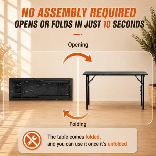 Folding Table Computer Desk - 55.1" No Assembly Folding Desk with Power Outlets & USB Charging Port, Small Desk, Foldable Office Desk, Compact Storage Portable Use for Small Space, Marble Greige - Image 4