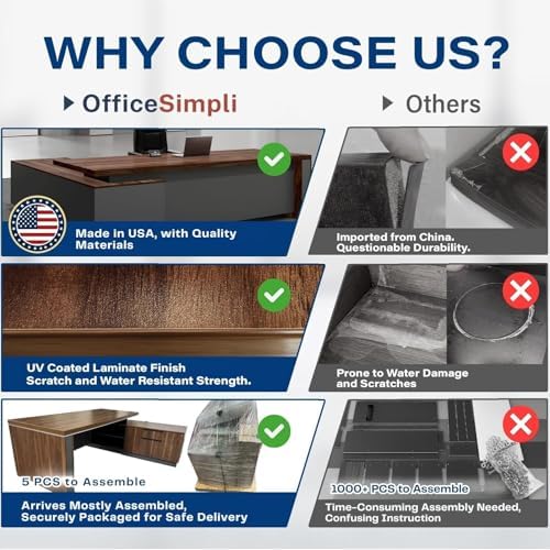 OfficeSimpli L Shaped Executive Desk with Drawers, Made in USA, 84x72x30 in - Image 6