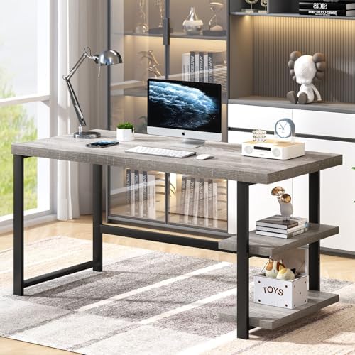 FOLUBAN 47 Inch Home Office Desk, Modern Computer Desk with Storage Shelves, Small Study Writing Gaming Table Workstation for Living Room Bedroom, Industrial Light Grey - Image 3