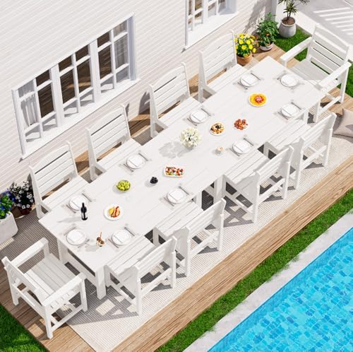 SERWALL HDPE Outdoor Dining Furniture, Outdoor Dining Set for 10, White by SERWALL