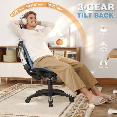 GABRYLLY Ergonomic Office Chair, High Back Home Desk Chair with 2D Flip-Up Arms, 3D Headrest, 90-120° Tilt and Wide Cushion, Big and Tall Mesh Chairs for Man Woman, Blue Computer Task Chair - Image 6
