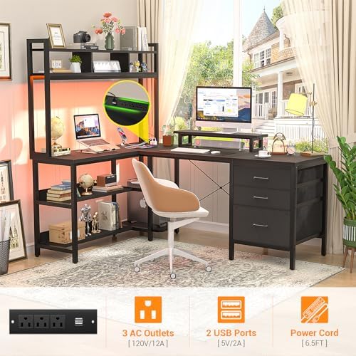 Aheaplus L Shaped Desk with Hutch, Gaming Desk with Led Lights, Reversible Computer Desk with Power Outlet, Corner Desk with File Drawer & Monitor Stand, Storage Shelves for Home Office, Black - Image 4