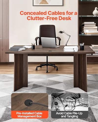 VEVOR 63 in Executive Desk, Large Modern Rectangle Office Table, Heavy Duty Wooden Executive Table with Cable Connection Hole, 250 LBS Load Capacity, Easy Assembly, for Work Study Writing, Walnut - Image 6