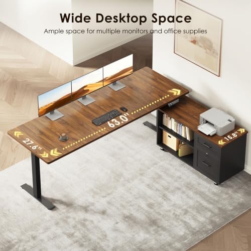 OffiGo 63" L Shaped Electric Standing Desk with Cabinet Sets, Walnut/Black - Image 4