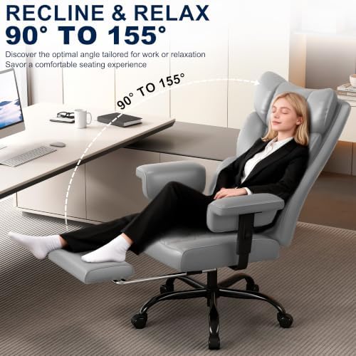 Misolant Big and Tall Office Chair with Footrest, High Back Executive Desk Chair with Adjustable Lift Armrest, 155°Recline，Lumbar Support Pillow, Faux Leather Gaming Chairs for Home or Office Gray - Image 3
