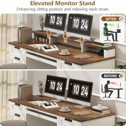 Vabches 60" Farmhouse Executive Desk with 8 Drawers, White and Brown - Image 6