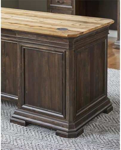 Pemberly Row Executive Desk, 60”W x 28”D x 30”H, Solid Wood Plank Top, Brown Finish, Double Pedestal Design, Dropfront Keyboard Drawer, Locking File Drawers, Antique Bronze Hardware, Home Office Desk - Image 6