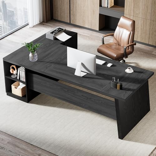 Tribesigns 78" L Shaped Desk with Drawers, Lage Office Desk with Storage Shelves, Modern Corner Computer Desk for Home Office (Gray and Black) - Image 3