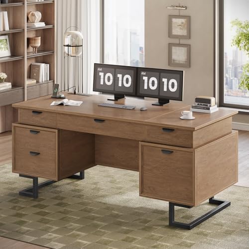 63" Executive Desk with Charging Station, Large Home Office Desks with 6 Drawers and 2 Storage Cabinets, File Drawer, Keyboard Tray, Privacy Panel, Desk Grommet, U-Shaped Metal Legs for Work and Study by Unknown