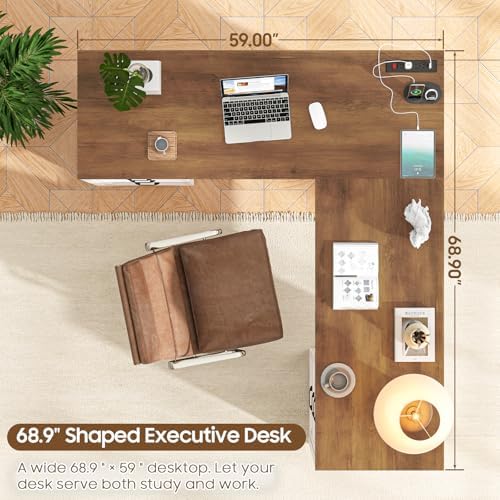Vabches Wood L Shaped Executive Desk with 6 Drawers, Farmhouse Home Office Desk with Power Outlets and Triangle Under-Desk Storage Shelf & Drawer File Cabinet, Corner Computer Desk, Brown - Image 5