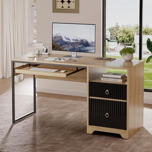 Bestier 55 Inch Office Desk with Fluted Panel & Keyboard Tray, Natural Oak - Image 2