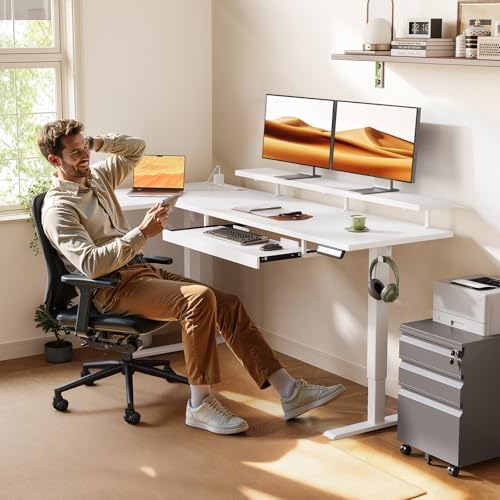 OffiGo 63 Inch Reversible L Shaped Electric Standing Desk, White - Image 2