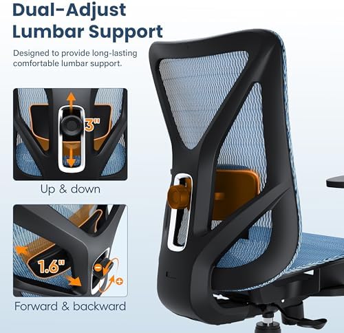 Ergonomic Office Chair, Mesh Computer Desk Chairs with BIFMA X5.1 Certified, Adjustable Lumbar Support, 3D Arm, Tilt Back, Wide Seat, Comfy Swivel Work Task Chair for Company and Home (Azure Blue) - Image 4