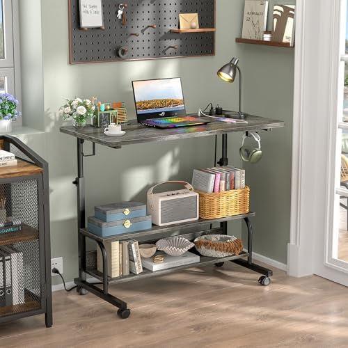 32" Height Adjustable Standing Desk with Power Outlets - Manual Rolling Stand Up Desk with Wheels Small Portable Computer Desk Mobile Laptop Table with Storage Shelves for Home Office, Grey Oak - Image 2