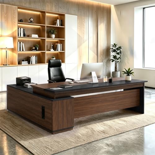 L Shaped Executive Desk with Drawers, Large Wood Workstation, Modern Executive Office Furniture for Home Office and Business Workspace, Multiple Sizes & Colors by Unknown