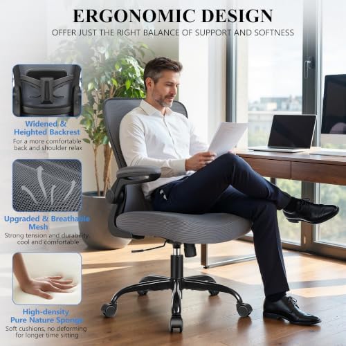 FelixKing Office Chair, Ergonomic Desk Chair Breathable Mesh Chairs Adjustable High Back Lumbar Support Flip-up Armrests, Executive Rolling Swivel Comfy Computer Chairs Home Office Dark Gray - Image 4