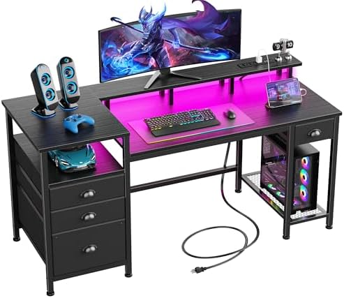 Furologee 60" Black Computer Desk with 4 Drawers and Printer Space, Gaming Desk with LED Lights and USB Power Outlets, Home Office Desk with Fabric File Cabinet,Study Work Table with Shelf for Bedroom by Furologee