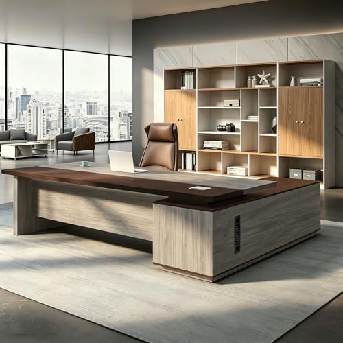 L Shaped Executive Desk with Drawers, Large Office Desk with Storage Cabinet, Wood L Shape Desk for Home Office or Business Workspace, Left or Right Cabinet Option, Multiple Sizes & Colors by Unknown