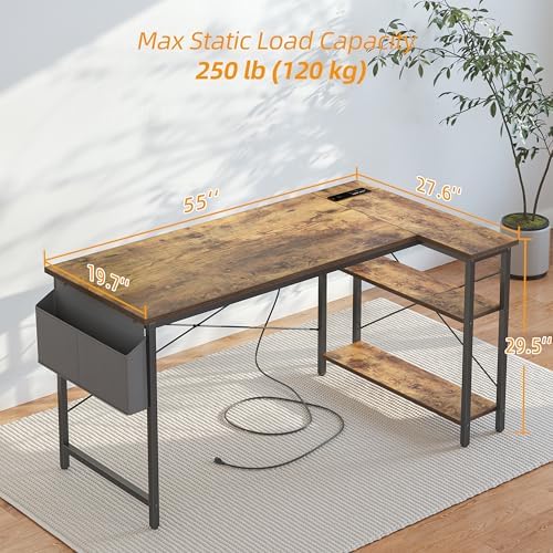 TIQLAB L Shaped Computer Desk with Power Outlets, 55 Inch Small Corner Desk with Reversible Shelves, Gaming Desk Computer Table Study Writing Desk for Home Office Small Space, Rustic Brown - Image 3