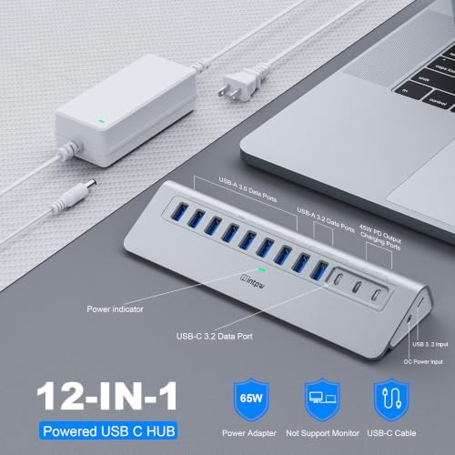 Powered USB Hub 10Gbps, intpw YH9AC 12 Port USB C Hub with 10Gbps USB C 3.2+2 USB A 3.2, 7 USB 3.0, 2 PD 45W Charging Port, 65W Power Adapter + 3.3FT Cable, Aluminum USB Hub for PC/Laptop/iPhone 17/16 - Image 2
