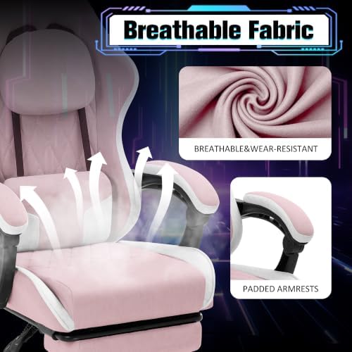 Gaming Chair with Footrest, Ergonomic Fabric Desk Chair, Pink - Image 5