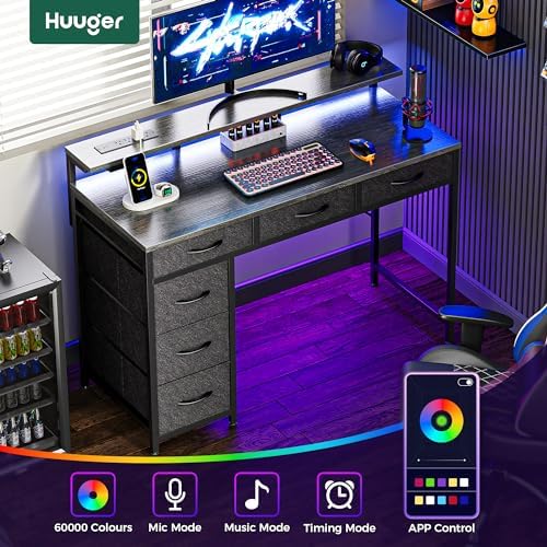 Huuger Gaming Desk with 6 Drawers, Computer Desk with LED Lights Power Outlets and Type-C, 39 Inch Office Desk with Storage, Monitor Stand, Writing & Work Desk for Home Office, Bedroom, Grey - Image 4