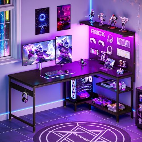 AODK 55" L Shaped Gaming Desk with Pegboard Hutch, LED Lights, Black by AODK