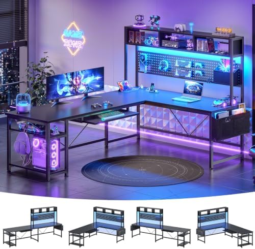 SEDETA 67" L Shaped Gaming Desk with Pegboard LED Lights and Power Outlet by SEDETA
