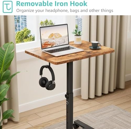WINAZ Small Portable Laptop Rolling Desk - 24 Inch Mobile Computer Desk Adjustable Height on Wheels for Small Spaces, Couch Kids Desks End Side Table, Teacher Podium for Classroom, Rustic Brown - Image 6