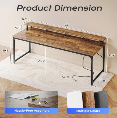 PRAISUN 63 inch Gaming Desk, LED & Outlets, Monitor Stand, Rustic Brown - Image 3