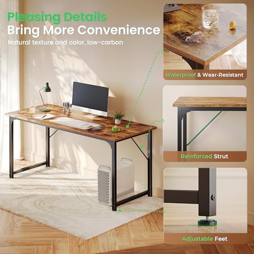 Huuger Computer Desk, 55 Inch Home Office Desk, Gaming Writing Work from Home Study Desk, Large Legroom, Sturdy Metal Frame, Modern Simple, Rustic Brown - Image 5