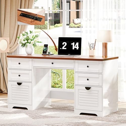 Ieejdn 59" Home Office Desks, Executive Desk, Farmhouse Computer Desk with 7 Drawers and Charging Station, File Drawer, Rustic Computer Writing Desk,Antique Cream - Image 7