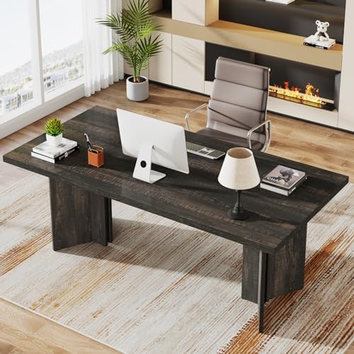 Tribesigns 63-inch Executive Desk, Vintage Office Computer Desk with Large Tabletop, Farmhouse Wood Writing Conference Table Workstation for Home Office, Study, Dark Gray - Image 3