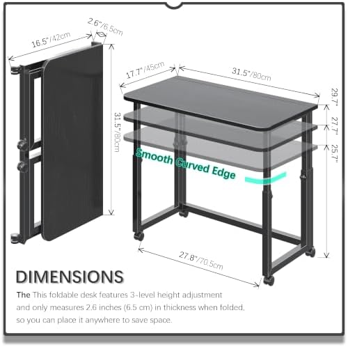 4NM No Tool Assembly 31.5" Small Desk, Folding Portable Desk with Wheels, Adjustable Height Foldable Computer Home Office Desks, Collapsible Study Writing Table for Space Saving Bedroom - All Black - Image 2