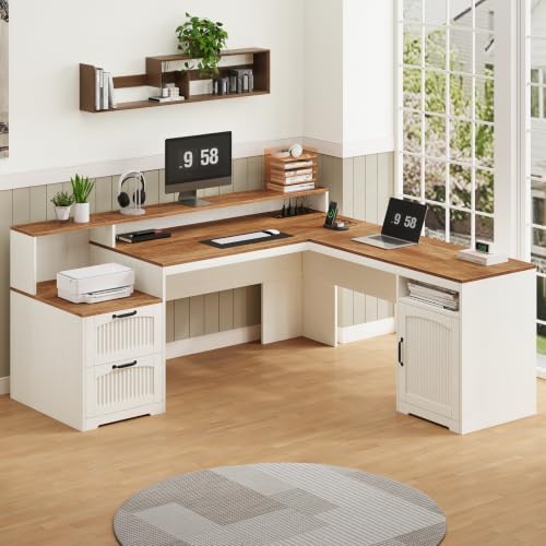 Farmhouse L Shaped Desk with Drawers & Printer Shelf for Home Office - Image 3