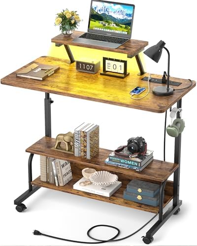Height Adjustable Standing Desk with Power Outlets and LED Lights - 32" Manual Stand Up Desk with Monitor Stand and Storage Shelves Small Mobile Rolling Computer Desk Portable Laptop Table, Rustic by Besiost