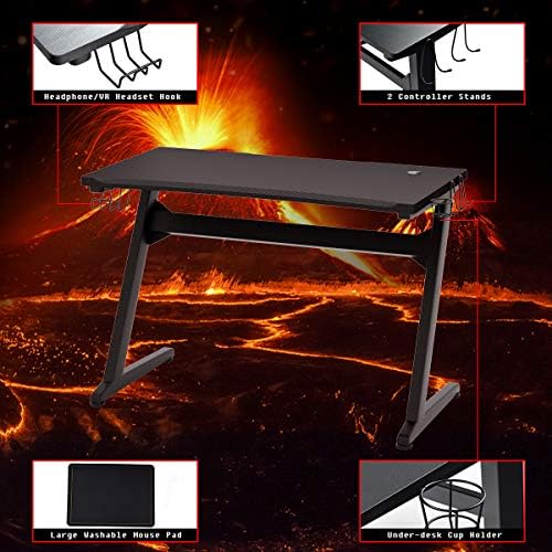 Tangkula Gaming Desk, Z Shaped Ergonomic Gaming Computer Desk, E-Sports Game Desk with Cup & Headphone Holder and Mouse Pad, Gamer Workstation, Carbon Fiber Surface and Z-Shape Steel Frame (Black) - Image 5
