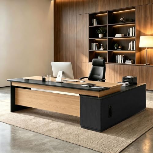 L Shaped Executive Desk with Drawers, Large Wood Workstation, Modern Executive Office Furniture for Home Office and Business Workspace, Multiple Sizes & Colors by Unknown