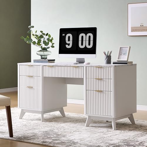 T4TREAM 60" Modern Fluted Executive Desk with Drawers, White by T4TREAMFurniture