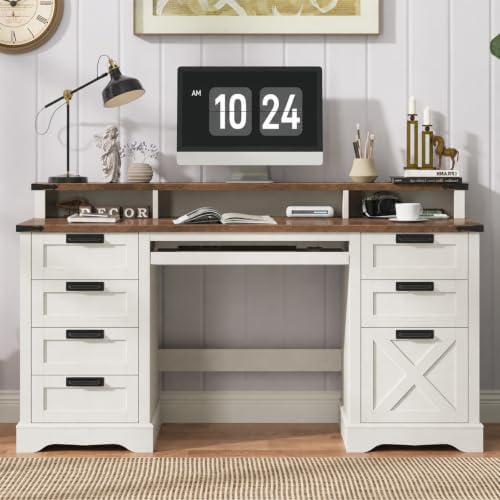 Vabches 60" Farmhouse Executive Desk with 8 Drawers, White and Brown - Image 3