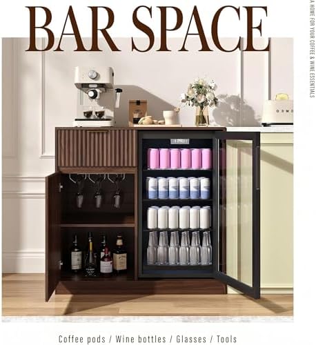 Mini Fridge Cabinet with Power Outlet, Coffee Bar Cabinet with Fridge Space & Wine Glass Rack, Fluted Buffet Sideboard with Drawer & Adjustable Shelf, Home Bar Cabinet for Living, Dining Room Kitchen - Image 3