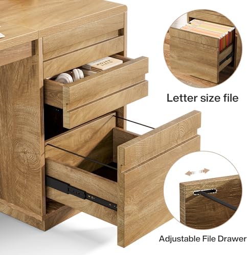 Tribesigns 55-Inch Computer Desk with 3 Drawers, Farmhouse Home Office Desk with Adjustable File Cabinet, Study Table Office Workstation, Walnut Brown - Image 4