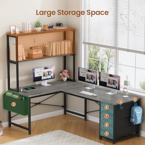SEDETA L Shaped Gaming Desk, 51.2" Reversible Small Corner Desk with 4 Drawer, Power Outlet & LED Lights, Home Office Desk with Storage Shelves for Small Space, Gray - Image 4