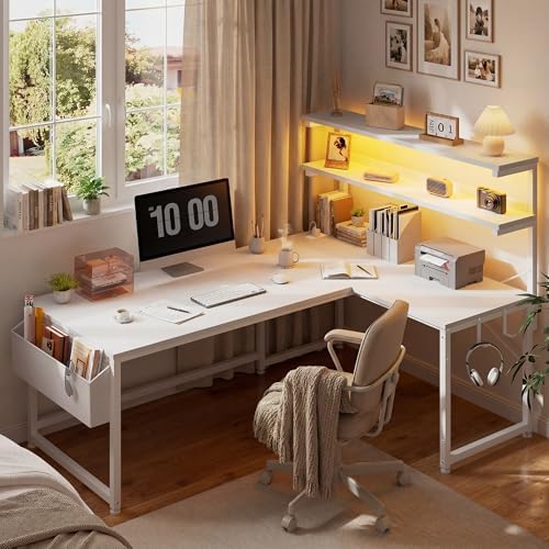 DurayLoly 53"White L Shaped Desk with LED Light & 5 Power Outlet for Gaming - Image 2