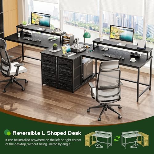EnHomee 40" Gaming Desk with 3 Storage Drawers&LED for Teen Gamers, Reversible Corner Computer Desk with Power Outlet & Shelves for Home Office Bedroom, L Shaped Teen PC Desk with Monitor Stand,Black - Image 3