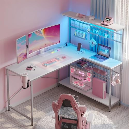 Bestier 51" L Gaming Desk with Power Outlets LED Lights, Carbon Fiber White by Bestier