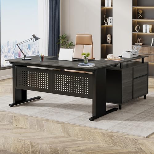 Tribesigns 63 Inch Executive Desk with File Cabinet, L Shaped Office Desk with Drawers and Storage Shelves, Business Furniture Set Workstation for Home Office, Gray and Black by Tribesigns