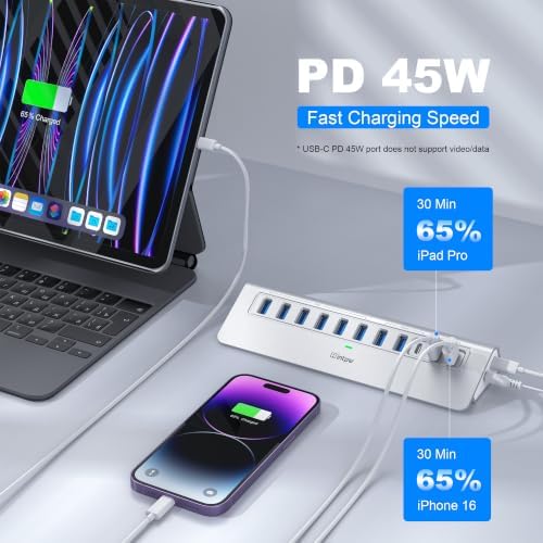 Powered USB Hub 10Gbps, intpw YH9AC Plus 13-Port USB 3.2 Hub(USB A/USB C 3.2+6 USB-A 3.0+2 PD 45W Fast Charging Ports+SD/TF Card Reader), 65W Power Adapter,Aluminum USB HUB for PC/Laptop,iPhone 17/16 - Image 4