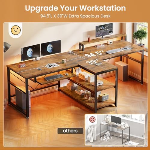 SEDETA 94.5" 2 Person Gaming Desk with Storage Shelf,LED Light,Rustic Brown - Image 3