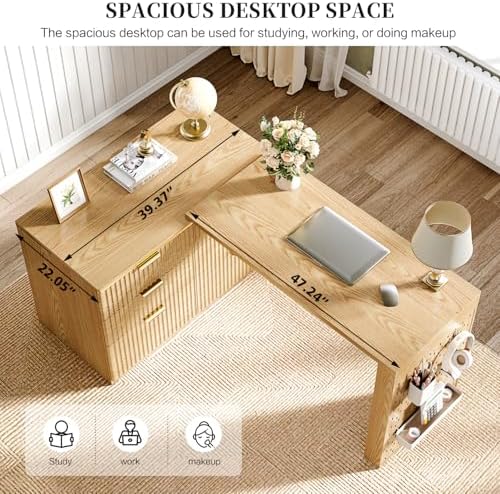 Ieejdn Computer Desk with 6 Drawers, 78" Modern Writing Desk with 0.98" Thickened Desktop & Storage Shelves, Adjustable Direction & Extendable Executive Office Desk Study Table for Home Office, Oak - Image 5